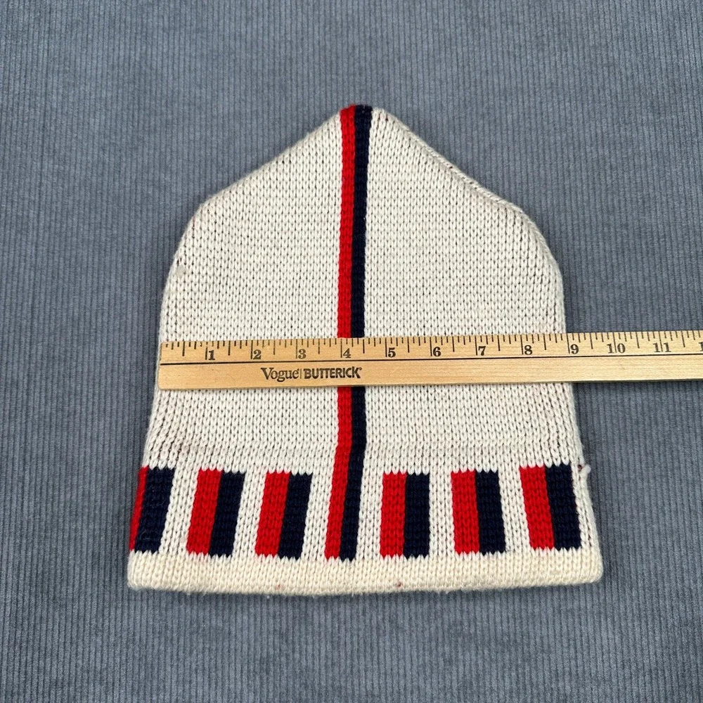 Vintage Wigwam Mills 100% Virgin Wool Beanie Hat Cream Red Navy Stripe USA Made